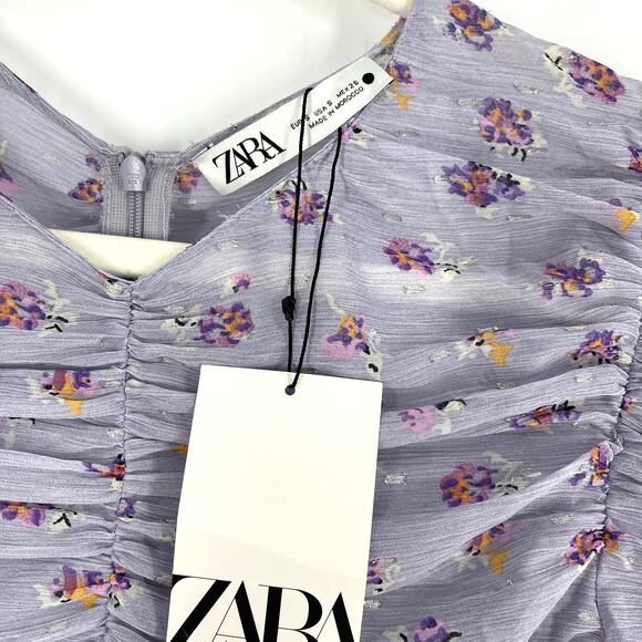 Zara Mauve Printed Ruched Blouse Purple Floral Small NWT - Picture 4 of 9